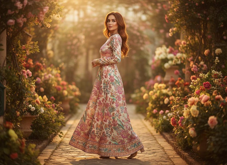 May include: A long-sleeved, floor-length dress with a floral pattern in pink, green, and blue. The dress is worn in a garden setting with blooming flowers and a stone pathway. The dress has a high neckline and a flowing skirt.