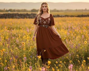 Plus Size Boho Mini Dress Brown A Line Sweetheart Neck Flounce Sleeve Ruffle Hem Embroidered High Waist Spring Summer Wear