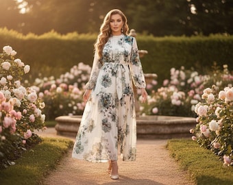 Plus Size Floral Maxi Dress Long Sleeve Boho Elegant High Waist Ruffle Hem Modest Wedding Guest Eid Outfit Stand Collar Dress