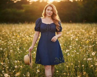 Plus Size Denim Dress A Line Puff Sleeve Sweetheart Neck Dark Wash Casual Short Dress High Waist Flared Hem Dating Outfit