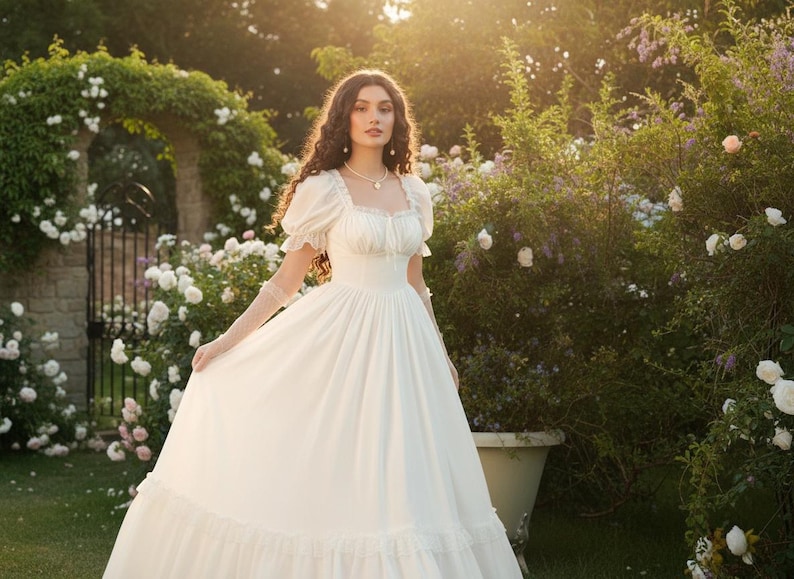 May include: A woman in a white, vintage-style dress with a square neckline and puff sleeves stands in a garden. The dress has a full skirt and is accessorized with a necklace and gloves. The background features a stone archway, roses, and lush greenery.