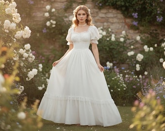 Ivory Maxi Dress Puff Sleeve Sweetheart Neck A Line Ruched Bodice Ruffle Hem Vintage Style Boho Maxi Garden Party Wedding Guest Look