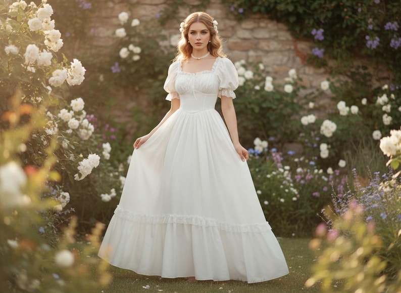 May include: A white, floor-length dress with a square neckline and short, puffed sleeves. The dress features a fitted bodice and a flowing skirt with a ruffled hem. The background includes white roses and a stone wall.