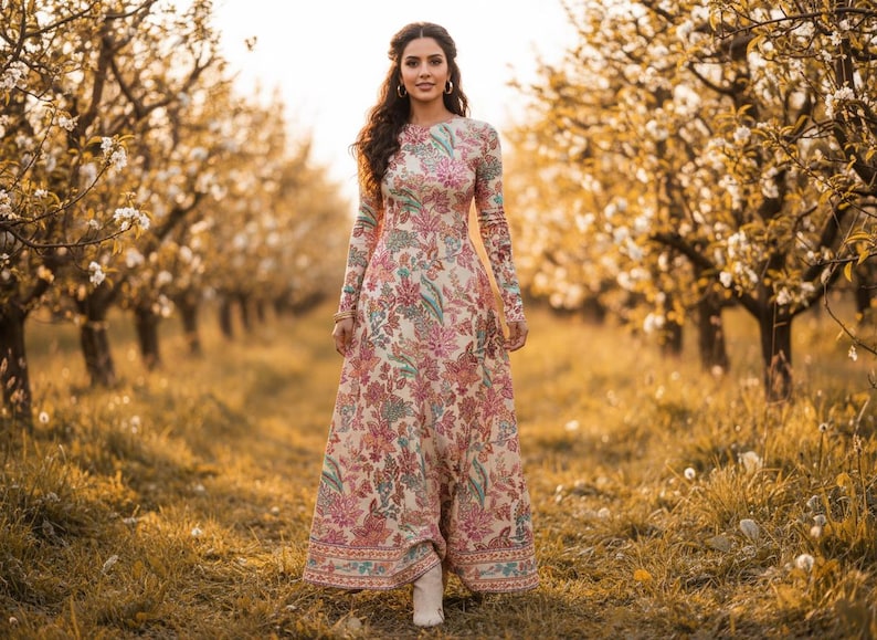 May include: A long-sleeved, floral-print dress in shades of pink, green, and cream. The dress features a round neckline and a flowing skirt. The person is standing in a field of tall grass with trees in the background.