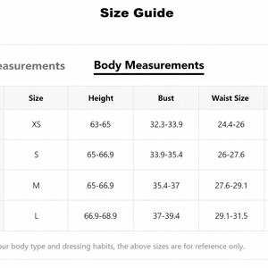 May include: A size guide table with product and body measurements. The table includes US sizes, sizes (XS-L), height (63-68.9 inches), bust (32.3-39.4 inches), waist (24.4-31.5 inches), and hip sizes (34.3-41.3 inches).