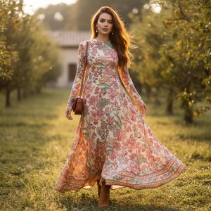 May include: A long-sleeved, flowing dress with a floral pattern in shades of pink, peach, and green. The dress is worn with brown boots and a small brown purse. The background features a grassy field and trees.