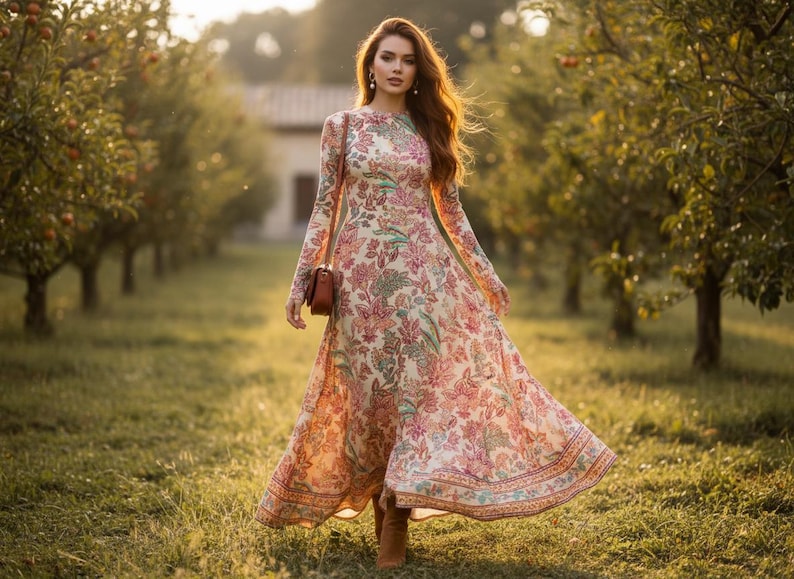 May include: A long-sleeved, flowing dress with a floral pattern in shades of pink, peach, and green. The dress is worn with brown boots and a small brown purse. The background features a grassy field and trees.