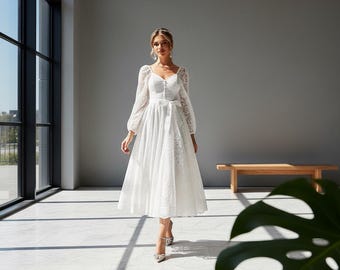 Elegant White Midi Dress Sweetheart Neck Bishop Sleeve A Line Formal Party Wedding Guest Eid Outfit Flared Hem Style