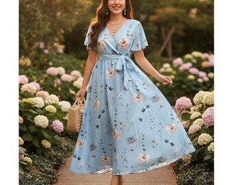 Plus Size Boho Summer Dress Baby Blue Floral Maxi Wrap V Neck Flounce Sleeve High Waist Slit Beach Holiday Wedding Guest Dress