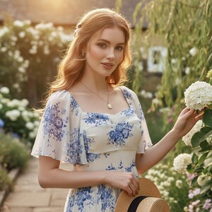 May include: A woman in a white dress with blue floral patterns and short sleeves, holding a straw hat. The dress has a square neckline. She is standing in a garden with white flowers and greenery.