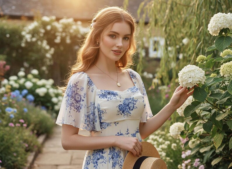 May include: A woman in a white dress with blue floral patterns and short sleeves, holding a straw hat. The dress has a square neckline. She is standing in a garden with white flowers and greenery.