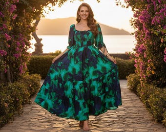 Boho Maxi Dress Square Neck Puff Sleeve Green Floral A Line Maxi Dress Elegant Summer Maxi Dress Vacation Dress Eid Dress Women