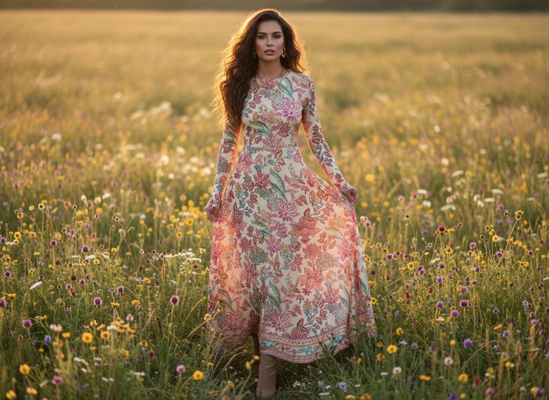 May include: A long, flowing dress with a floral pattern in shades of pink, red, and green. The dress has long sleeves and a round neckline. The woman is standing in a field of wildflowers, with the sun setting in the background.