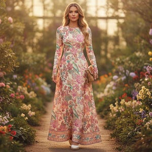 May include: A long-sleeved, floral-print dress in cream, pink, and green, worn by a person walking through a garden path. The dress features a detailed pattern and a flowing silhouette. A small, tan purse is held in the hand. The background is filled with colorful flowers.
