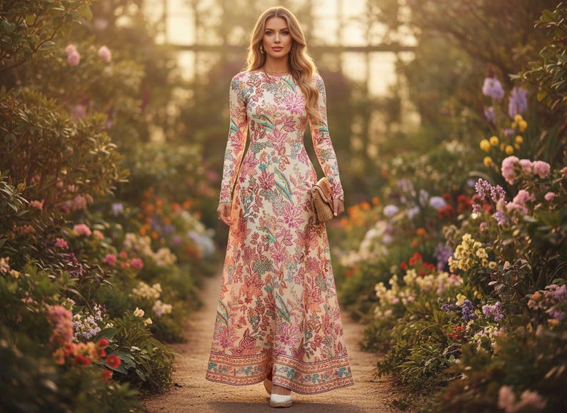 May include: A long-sleeved, floral-print dress in cream, pink, and green, worn by a person walking through a garden path. The dress features a detailed pattern and a flowing silhouette. A small, tan purse is held in the hand. The background is filled with colorful flowers.