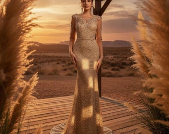 Champagne Sequin Mermaid Evening Gown Long Sleeve V Neck High Waist Formal Party Dress Wedding Guest Maxi Dress Bodycon Gown