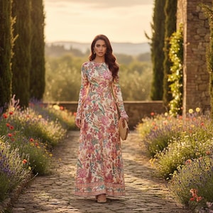 May include: A long, floral-print dress with long sleeves. The dress features a cream background with pink and red floral patterns. The person is holding a small, round, woven handbag. The scene is set on a stone path lined with flowers and trees.