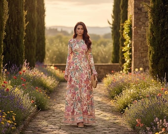Boho Floral Dress Vintage Maxi Dress Long Sleeve Dress A Line High Waist Multicolor Elegant Modest Wedding Eid Ramadan Outfit Women New!