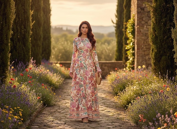 Boho Floral Dress Vintage Maxi Dress Long Sleeve Dress A Line High Waist Multicolor Elegant Modest Wedding Eid Ramadan Outfit Women New!
