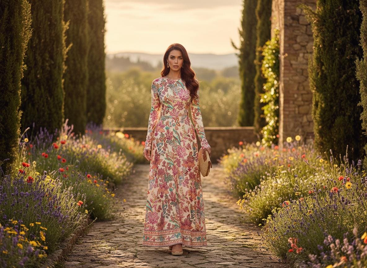 chinese dress ladies Floral Frill Trim Sleeve Plunge Maxi Dress