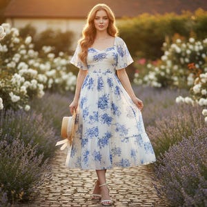 May include: A white and blue floral print dress with a square neckline and short sleeves. The dress is knee-length and is paired with a straw hat. The image is taken outdoors, surrounded by flowers.