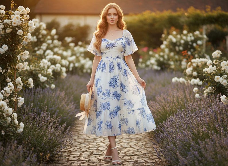 May include: A white and blue floral print dress with a square neckline and short sleeves. The dress is knee-length and is paired with a straw hat. The image is taken outdoors, surrounded by flowers.