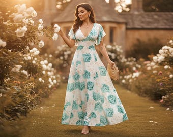 Green Floral Boho Maxi Dress with Deep V Neck and Ruffle Hem, High Waist Slim Fit Wedding Guest & Formal Evening Dress