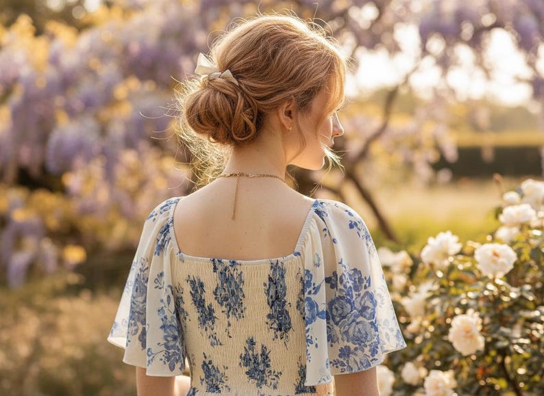 May include: A woman's dress with a square neckline and short sleeves, featuring a blue floral pattern on a cream background. Her hair is styled in a bun with a white bow. The background includes white roses and purple flowers.