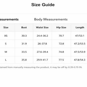 May include: Size guide chart with product and body measurements. Includes US sizes 2 to 8/10, with bust measurements from 30.3 to 35.8 inches, waist sizes from 24.4 to 41.7 inches, and hip sizes from 70.7 to 77.5 inches. Lengths range from 47 to 54.3 inches.