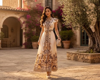Elegant Apricot Paisley ALine Dress High Waist Slim Fit Belted Ruffle Hem Flared Formal Wedding Eid Outfit Long Dress