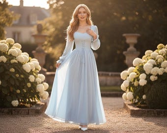 Blue Long A Line Dress Sweetheart Neck Flare Sleeve Lace Up Elegant Slim Fit High Waist Wedding Formal Summer Dress