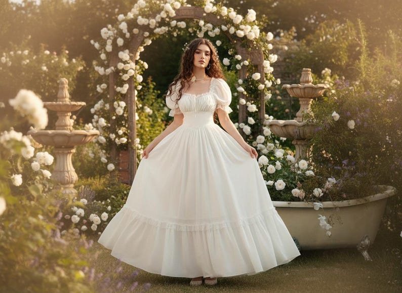 May include: A white, floor-length dress with a square neckline and puff sleeves. The dress is worn in a garden setting with white roses and a stone fountain. The dress has a ruffled hemline and a fitted bodice.