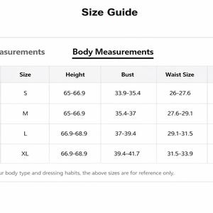 May include: A size guide table with product and body measurements. The table includes US sizes 4, 6, 8/10, and 12, with corresponding sizes S, M, L, and XL. Measurements for height, bust, waist, and hip are provided in inches.