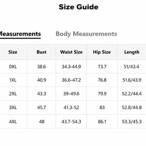 May include: A size guide table with product and body measurements. The table includes US sizes 12 to 20, with corresponding sizes, bust, waist, hip, length, and sleeve length measurements in inches.