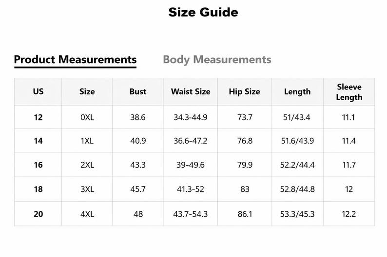 May include: A size guide table with product and body measurements. The table includes US sizes 12 to 20, with corresponding sizes, bust, waist, hip, length, and sleeve length measurements in inches.