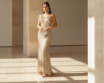 Champagne Sequin Mermaid Dress Deep V Neck Backless Evening Gown Sleeveless Bodycon Formal Party Wedding Guest Wear