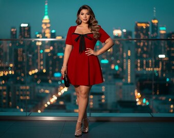 Red Mini A Line Dress with Bow Detail Square Neck Knitted Fabric Slim Fit Flared Hem Casual Night Out Halloween Outfit