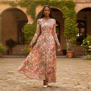 May include: A long-sleeved, floor-length dress with a floral pattern in shades of pink, green, and blue. The dress has a high neckline and a flowing skirt. The model is wearing white heels. The background features an outdoor courtyard with arches and greenery.