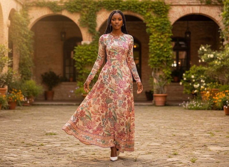 May include: A long-sleeved, floor-length dress with a floral pattern in shades of pink, green, and blue. The dress has a high neckline and a flowing skirt. The model is wearing white heels. The background features an outdoor courtyard with arches and greenery.