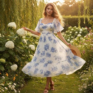 May include: A white floral print dress with blue accents. The dress has a square neckline, short sleeves, and a flowing skirt. A straw hat is held in the hand. The dress is worn in a garden setting with flowers and greenery.
