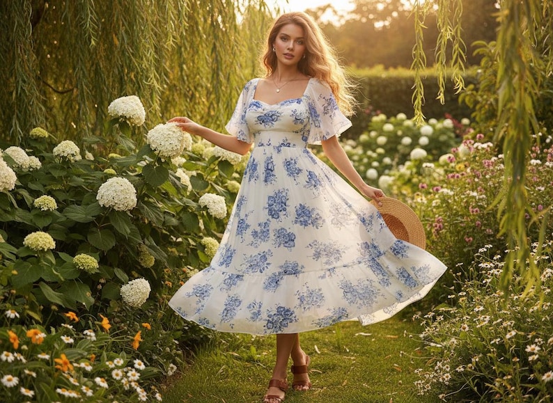 May include: A white floral print dress with blue accents. The dress has a square neckline, short sleeves, and a flowing skirt. A straw hat is held in the hand. The dress is worn in a garden setting with flowers and greenery.