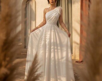 Vintage French Asymmetric Dress White Maxi Wedding Gown Elegant A Line High Waist Sleeveless Ruched Formal Eid Dress