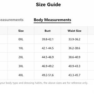 May include: A size guide table with product and body measurements. The table includes US sizes 12 to 20, corresponding sizes 0XL to 4XL, and bust, waist, and hip measurements in inches. The text "Size Guide" is at the top.