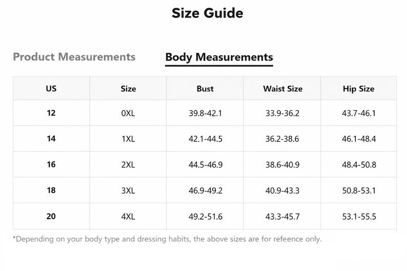 May include: A size guide table with product and body measurements. The table includes US sizes 12 to 20, corresponding sizes 0XL to 4XL, and bust, waist, and hip measurements in inches. The text "Size Guide" is at the top.