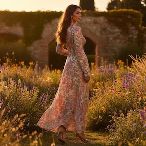May include: A long-sleeved, floral-patterned dress in shades of pink, peach, and green. The dress is worn by a person standing in a field of wildflowers. The dress has a flowing skirt and a high neckline.