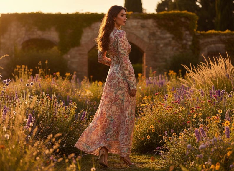 May include: A long-sleeved, floral-patterned dress in shades of pink, peach, and green. The dress is worn by a person standing in a field of wildflowers. The dress has a flowing skirt and a high neckline.
