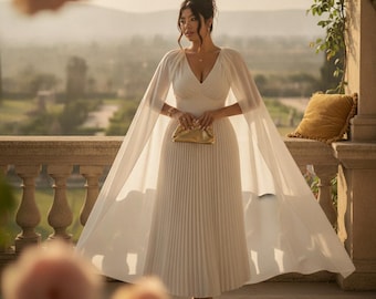 White A Line V Neck Pleated Dress Long Elegant High Waist Party Dress Sleeveless Cloak Sleeve Birthday Halloween Wear