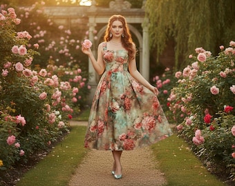 Plus Size Vintage Floral Square Neck Puff Sleeve A Line Midi Dress High Waist Slim Fit Party Outfit Eid Ramadan Summer Dress