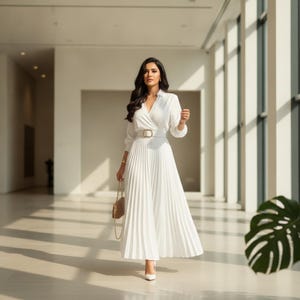 white pleated dress with sleeves Cinderella Divine Bridal CD242W - Long A-Line Dress