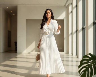 White ALine Dress Belted Maxi Dress Lapel Neck Dress Bishop Sleeve Pleated Hem Dress High Waist Elegant Long Wedding Wear Style